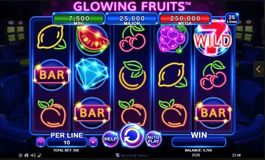 Interfaz de la máquina tragamonedas Glowing Fruits